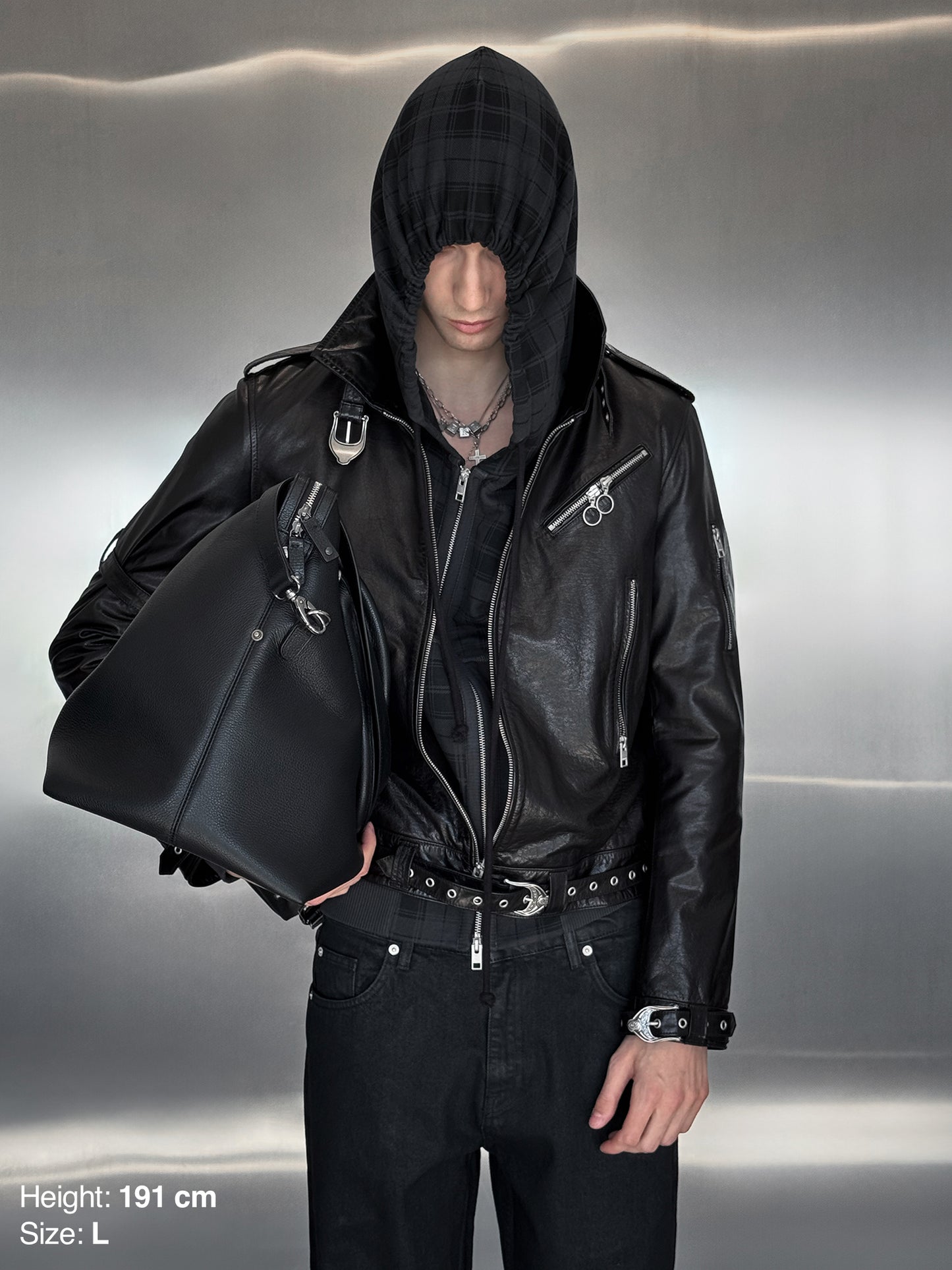 STRAP LEATHER JACKET - BLACK