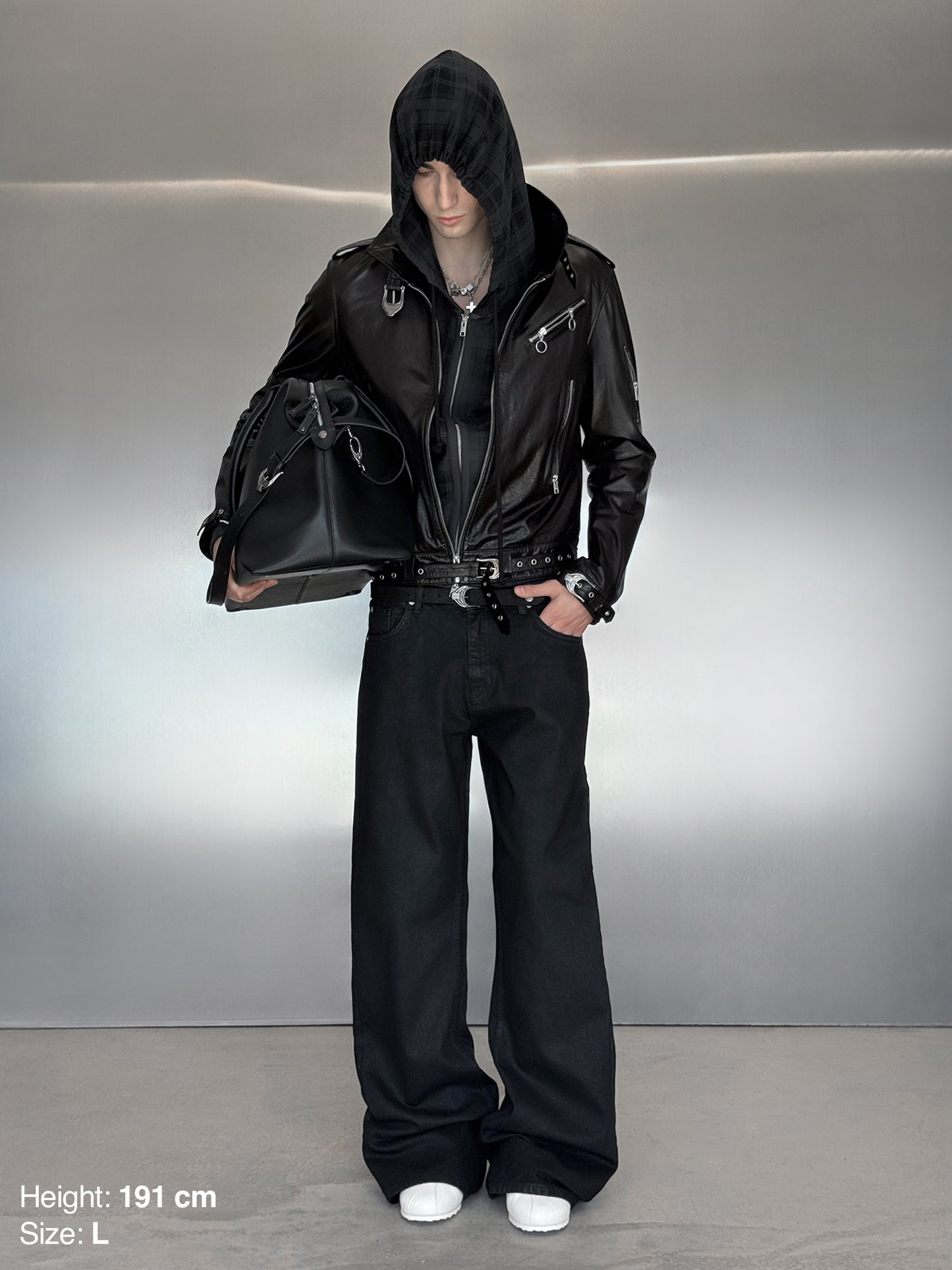 STRAP LEATHER JACKET - BLACK