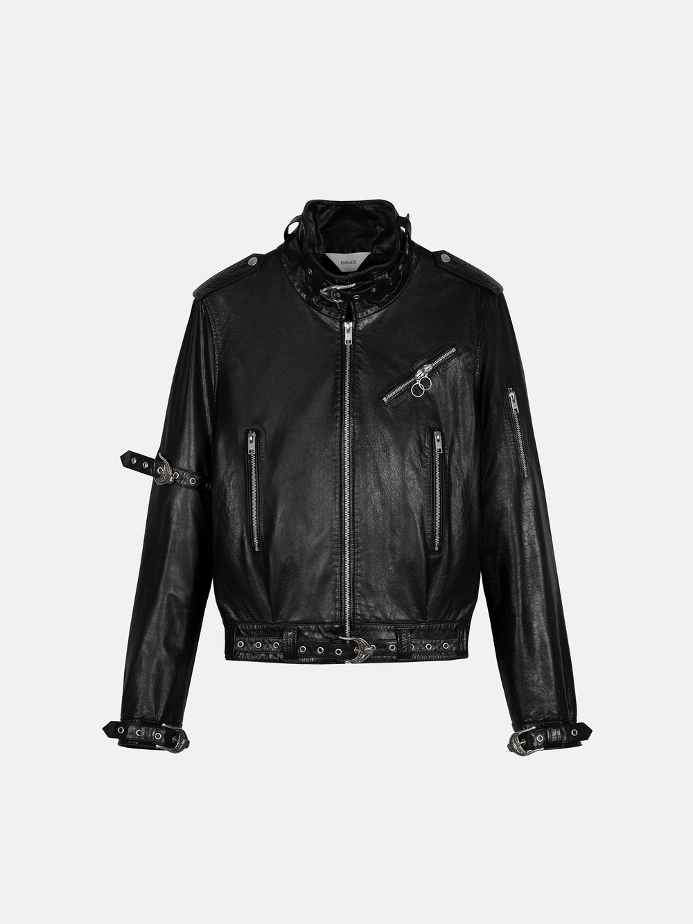 STRAP LEATHER JACKET - BLACK