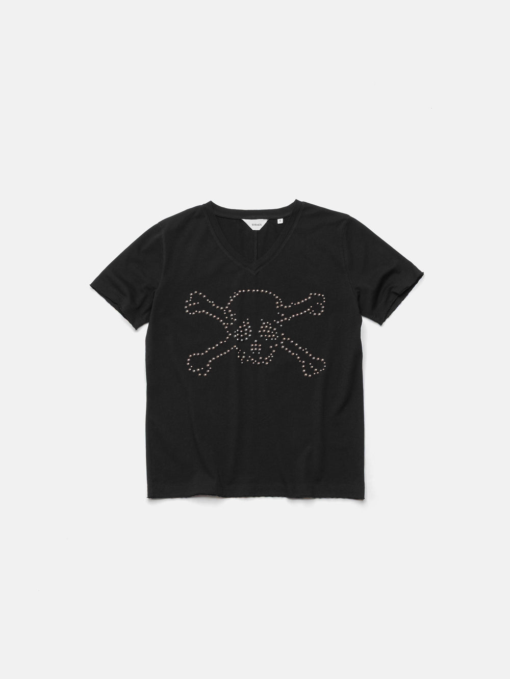 T-Shirt mit V-Ausschnitt – schwarzer Totenkopf mit Nieten