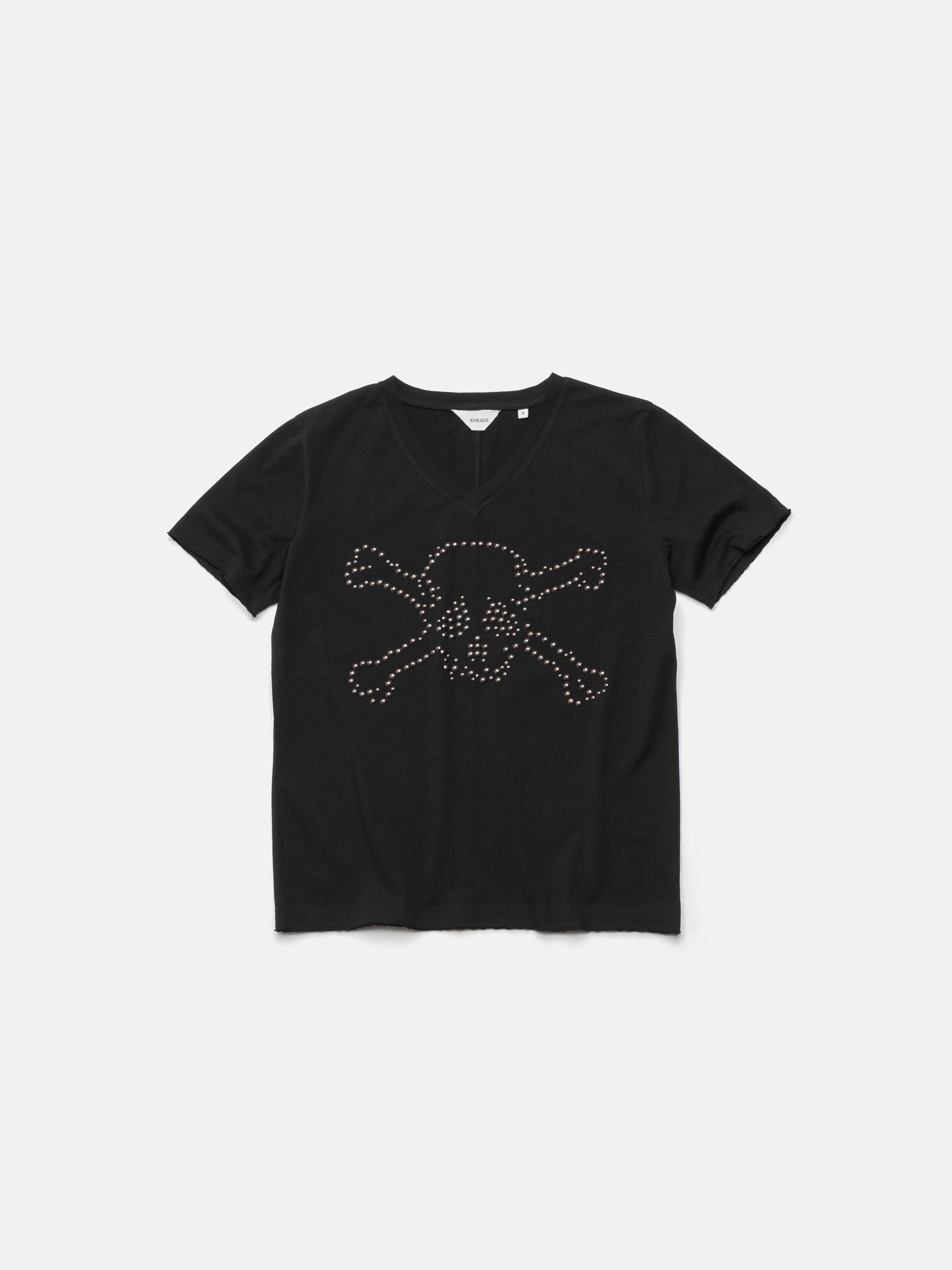 T-Shirt mit V-Ausschnitt – schwarzer Totenkopf mit Nieten