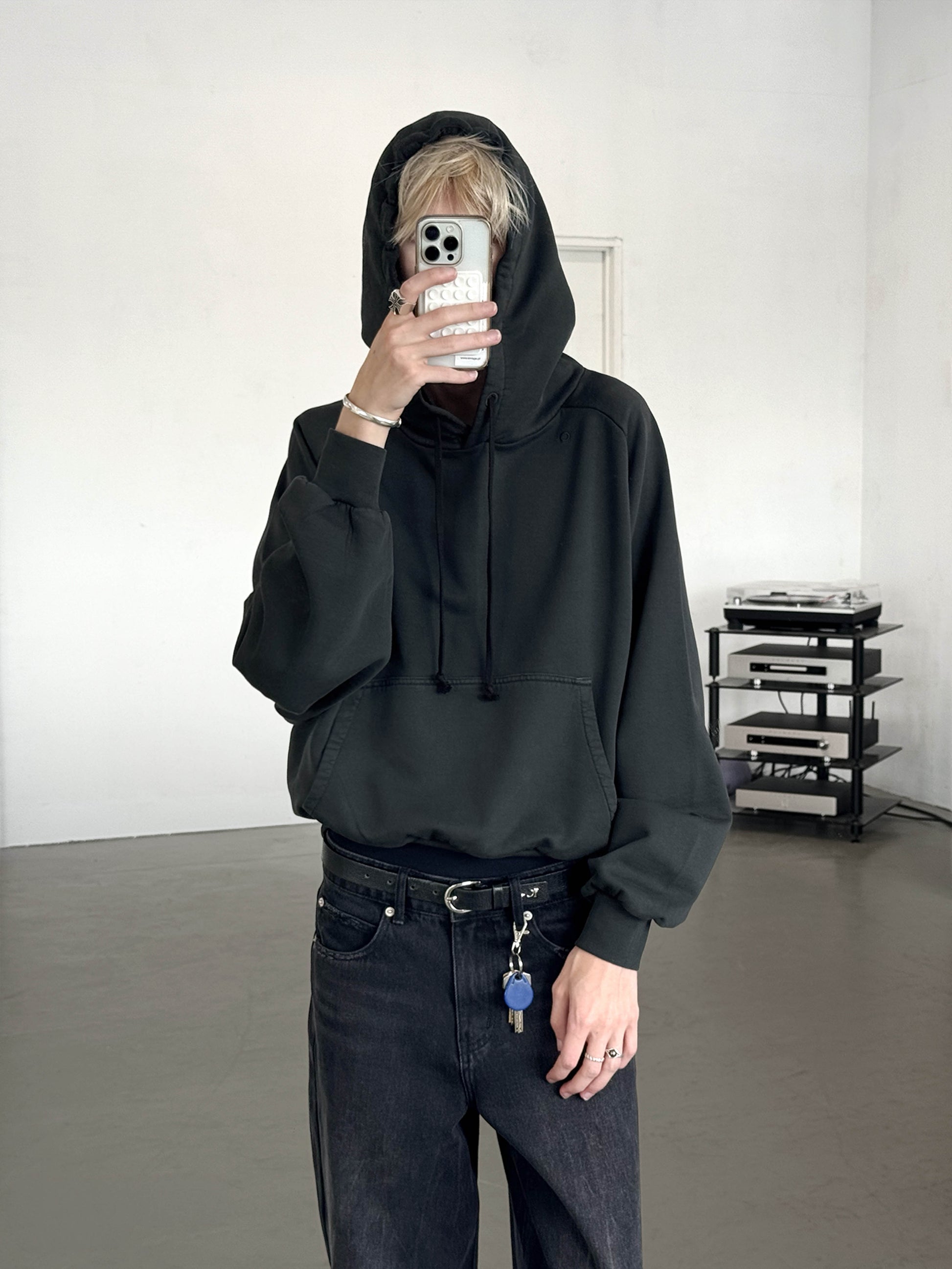 RETRO DRAWSTRING HOODIE - BLACK