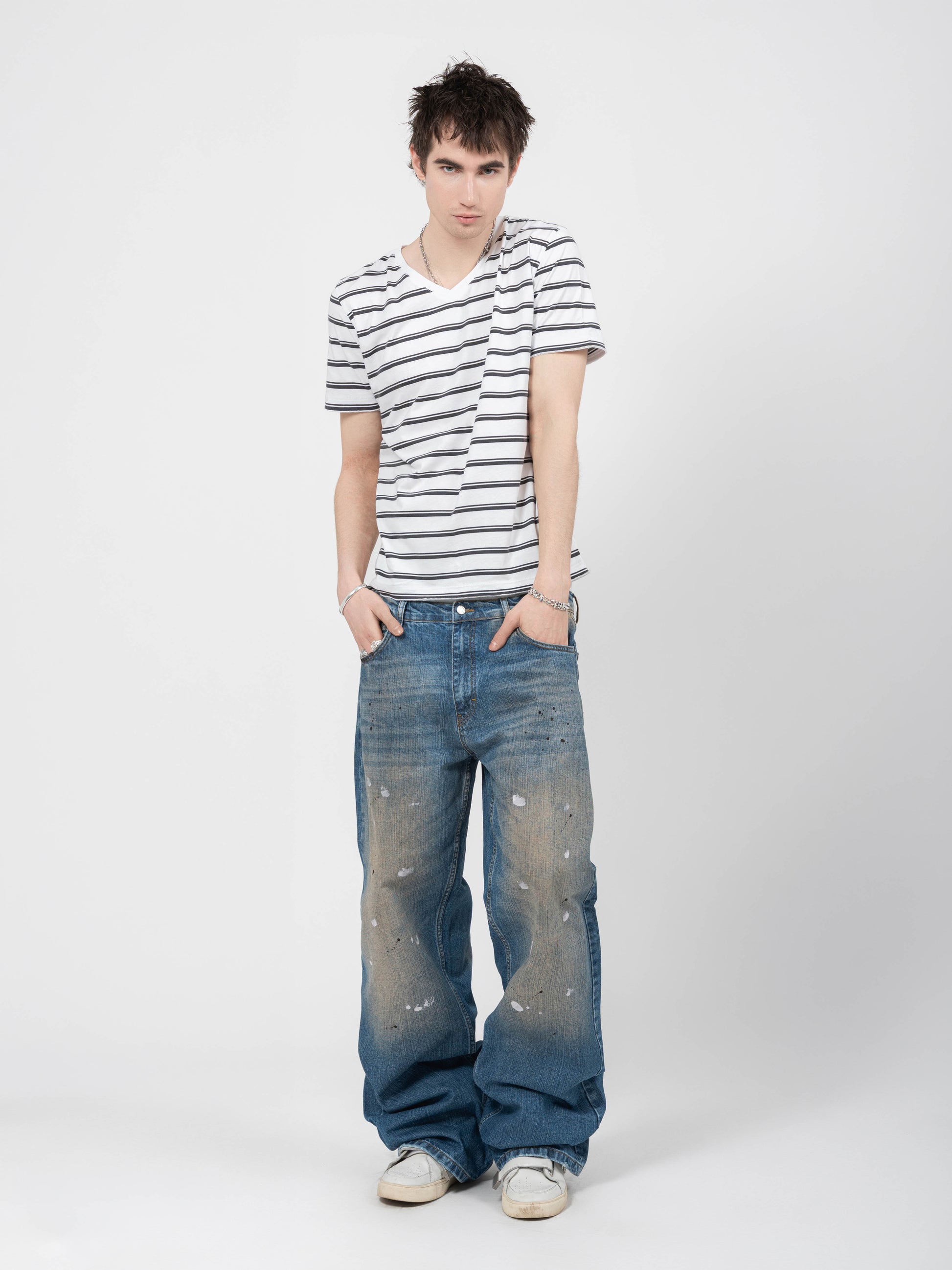 V-NECK TEE - WHITE STRIPED