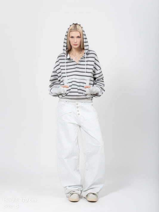 HENLEY HOODIE - WHITE STRIPED