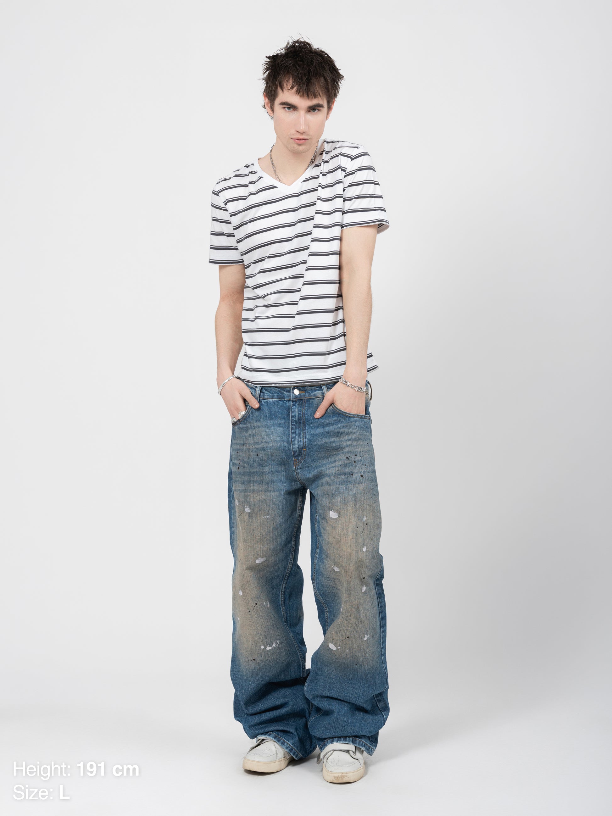 V-NECK TEE - WHITE STRIPED