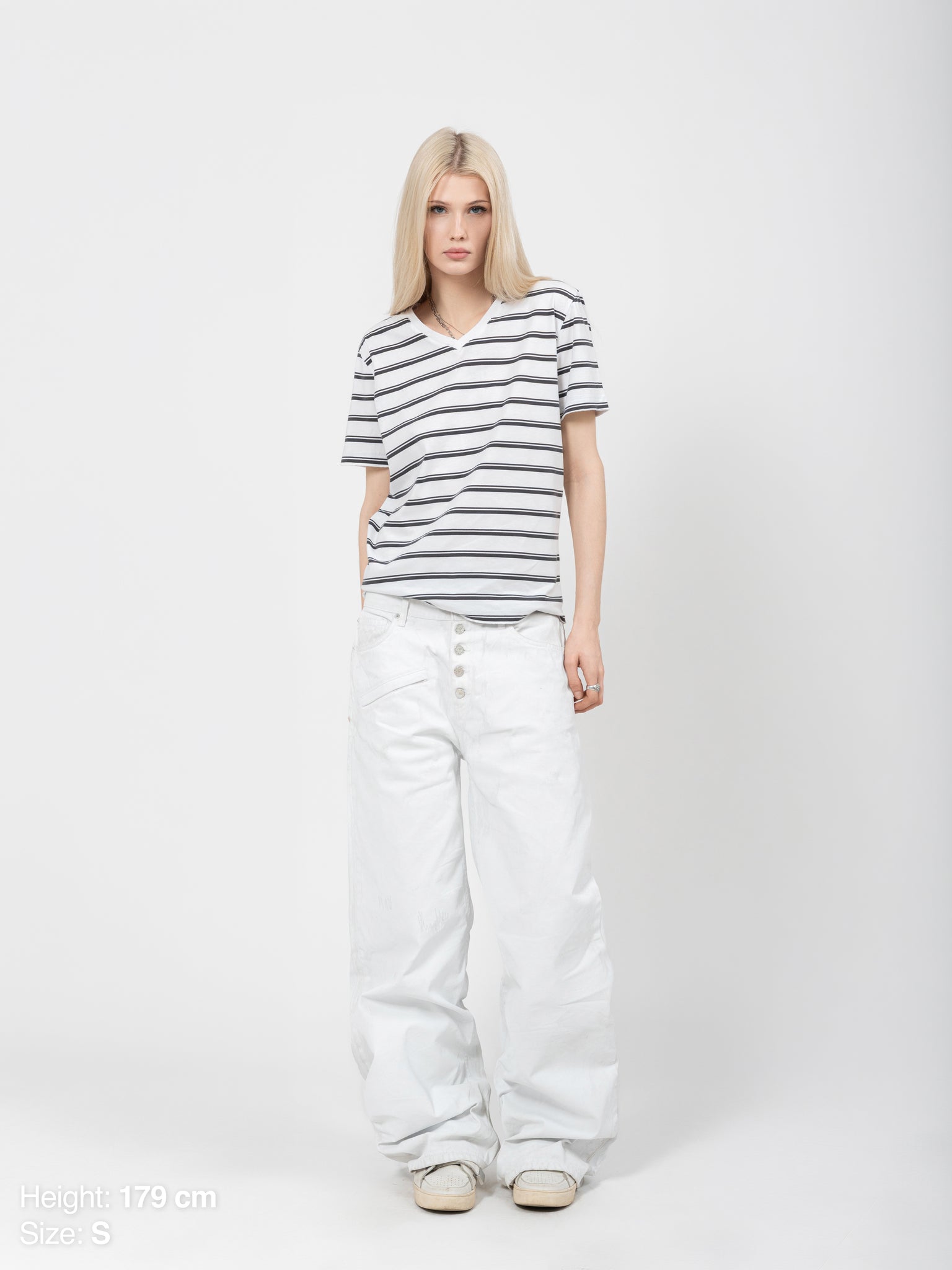V-NECK TEE - WHITE STRIPED