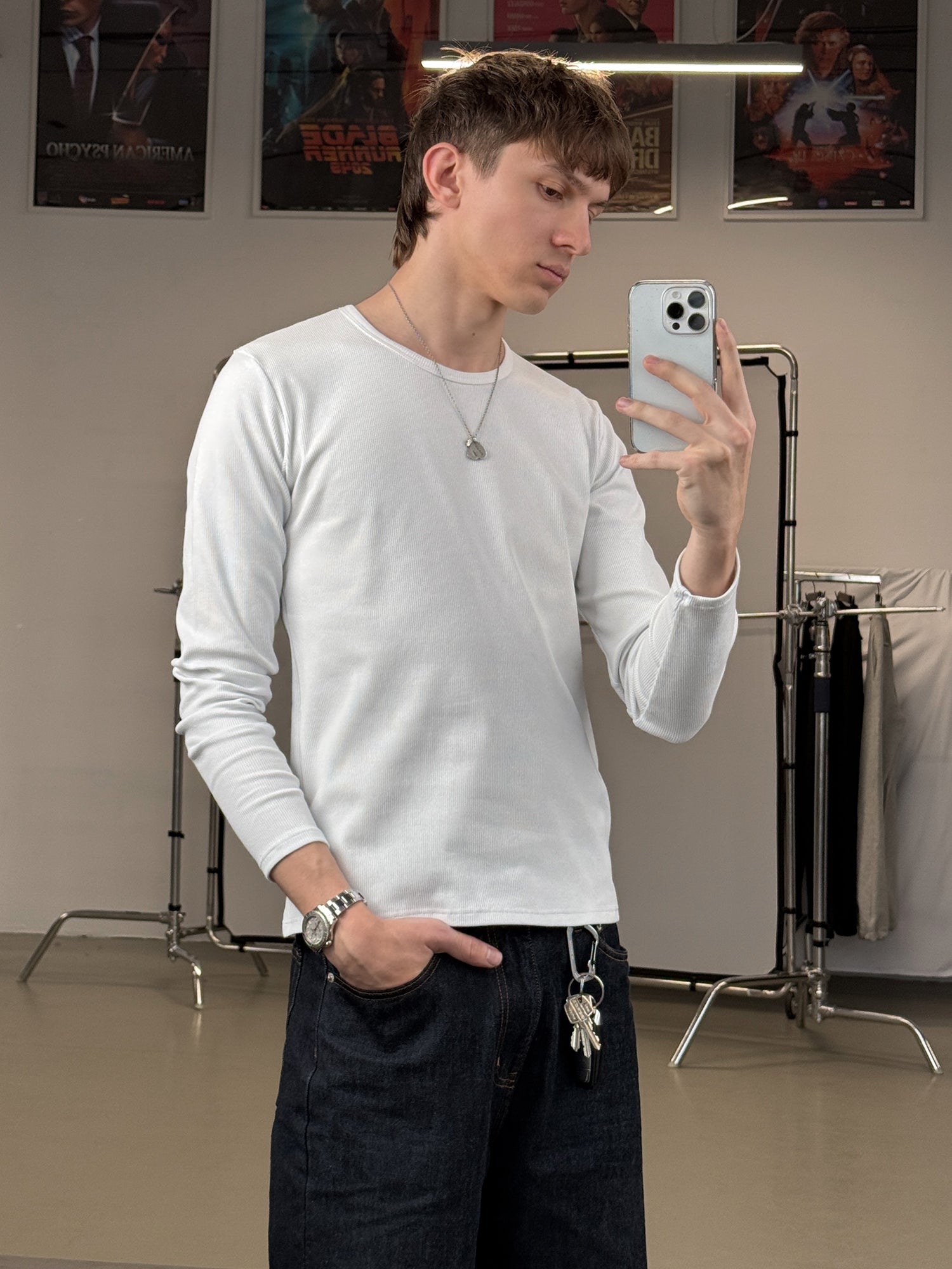 GERIPPTER LANGARMSHIRT - WEISS