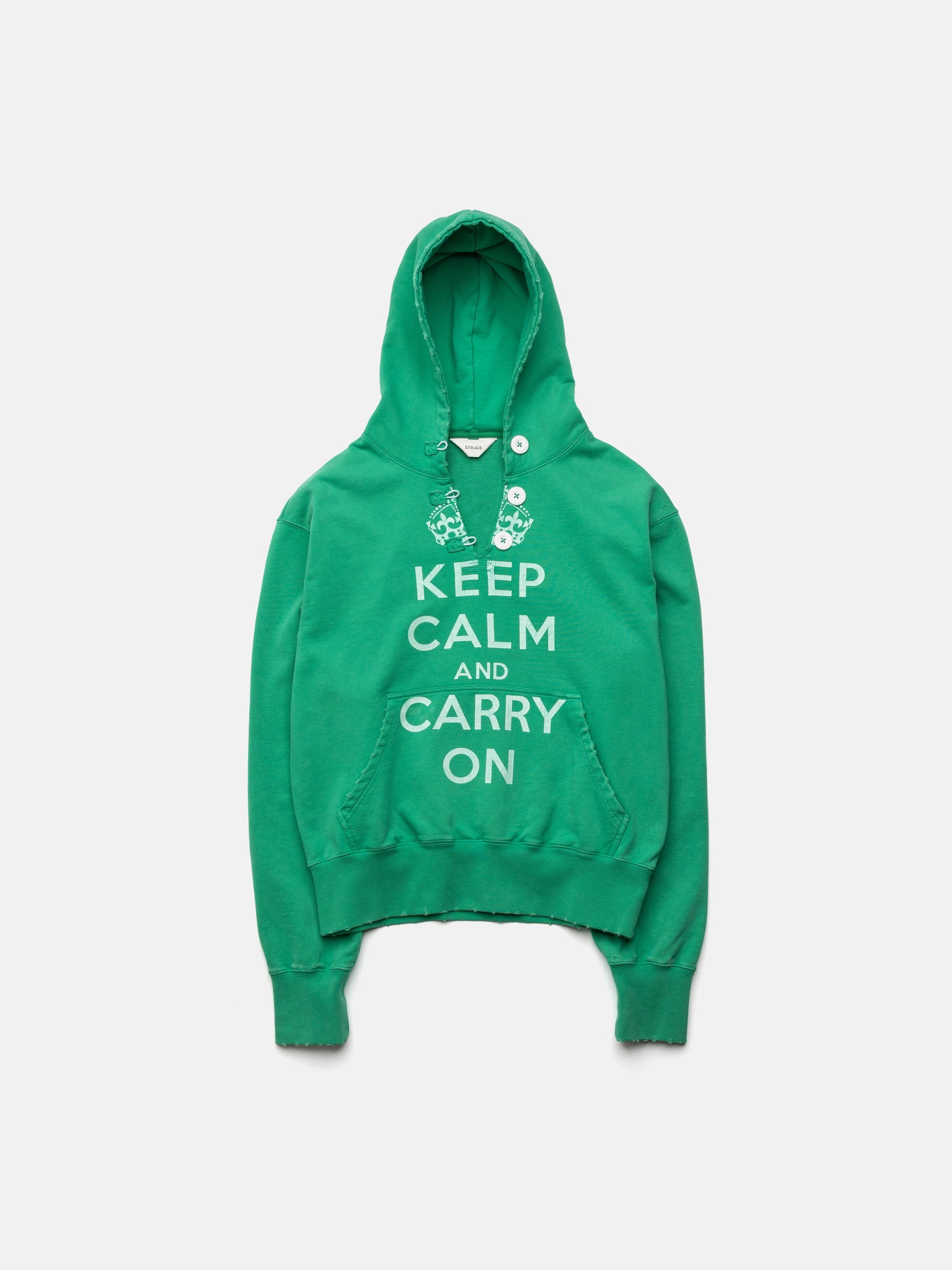 RIPPED COLLAR HOODIE - GREEN KEEP CALM