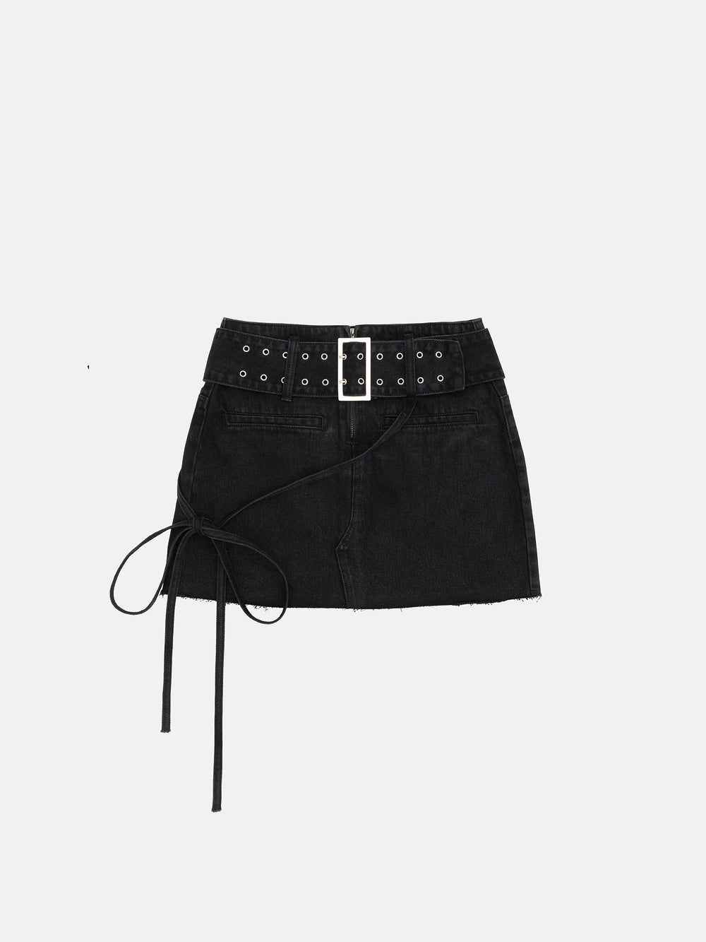 BLACK WASHED DENIM BELTED MINI