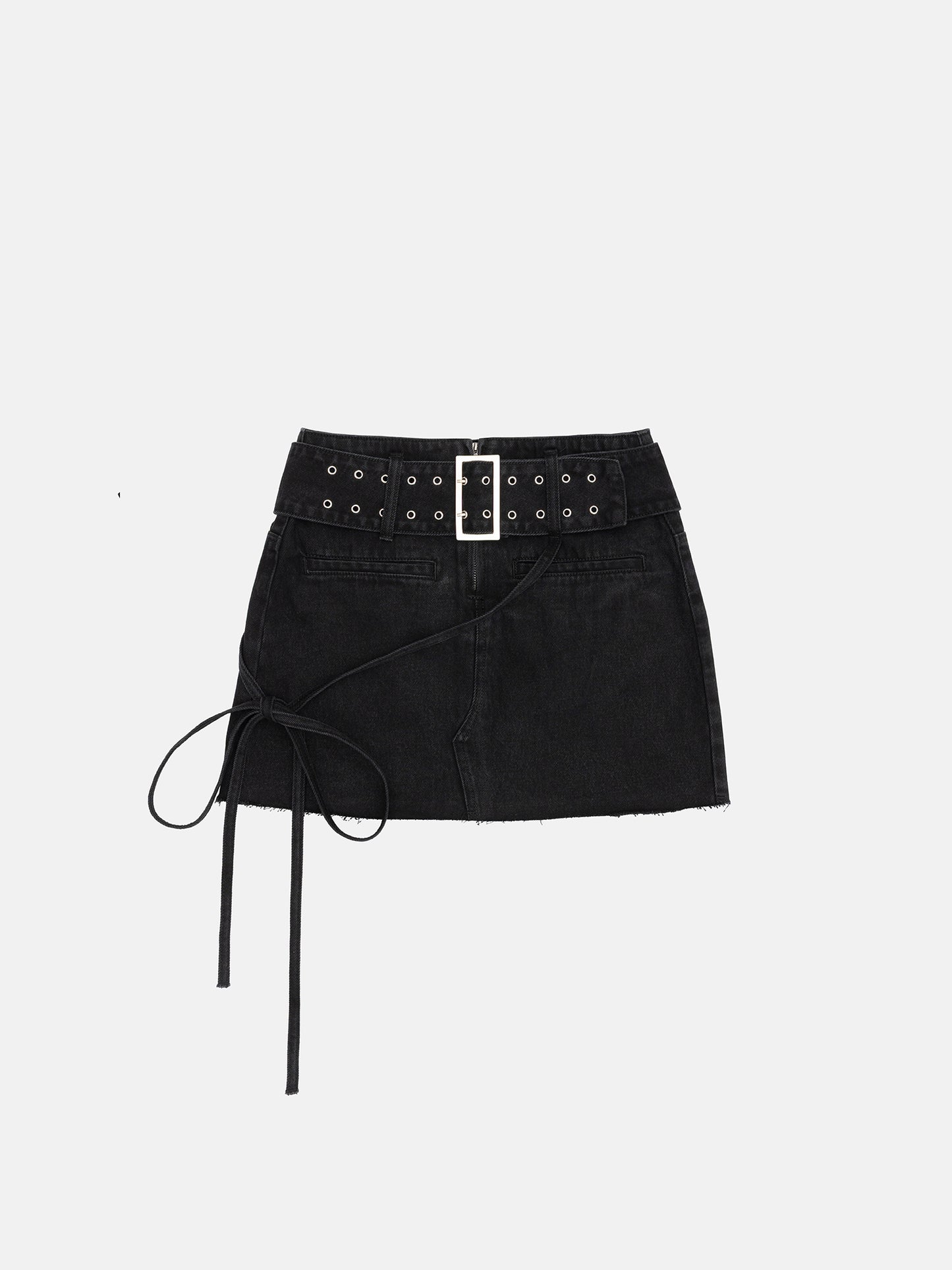 BLACK WASHED DENIM BELTED MINI