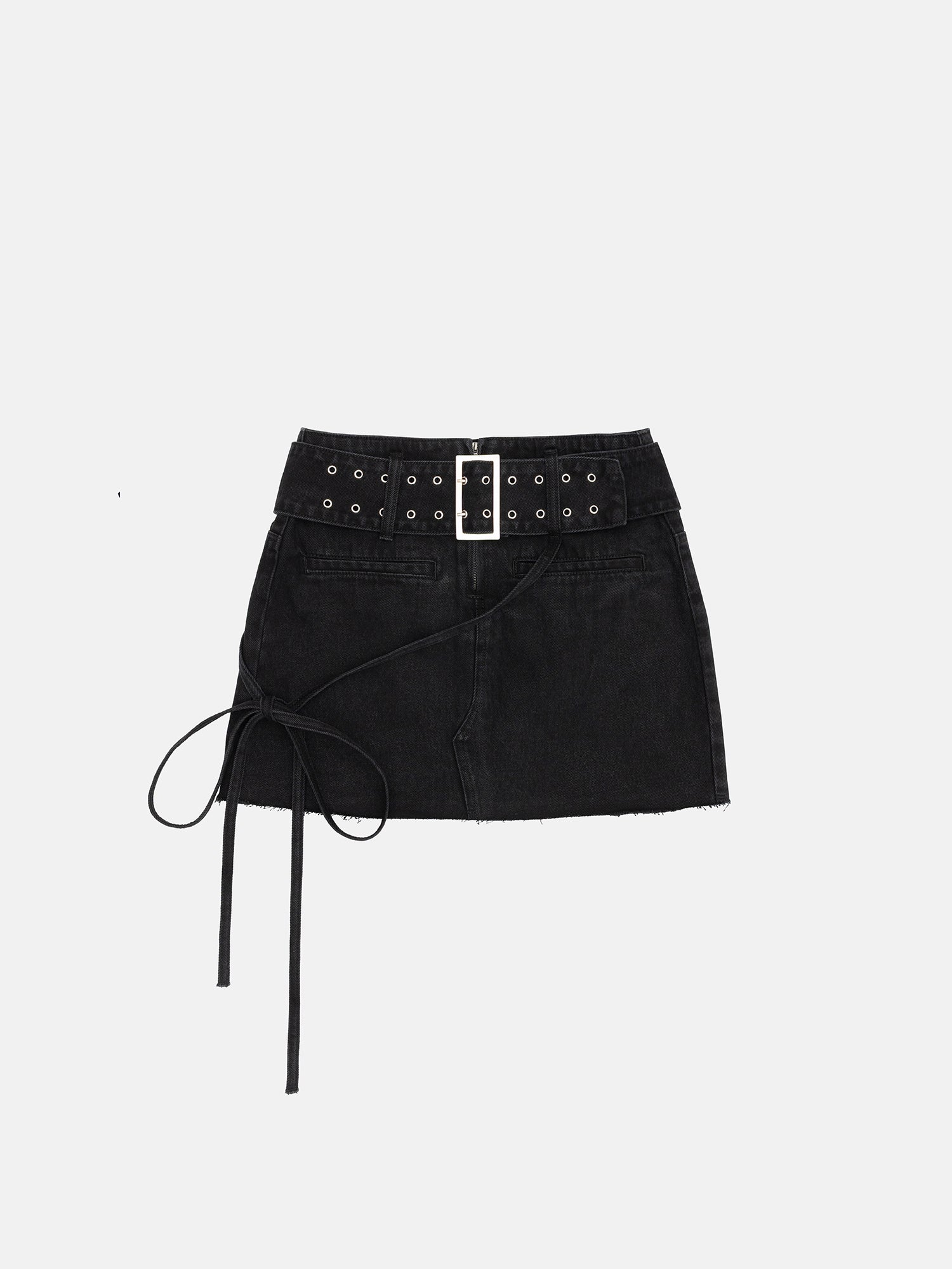 BLACK WASHED DENIM BELTED MINI