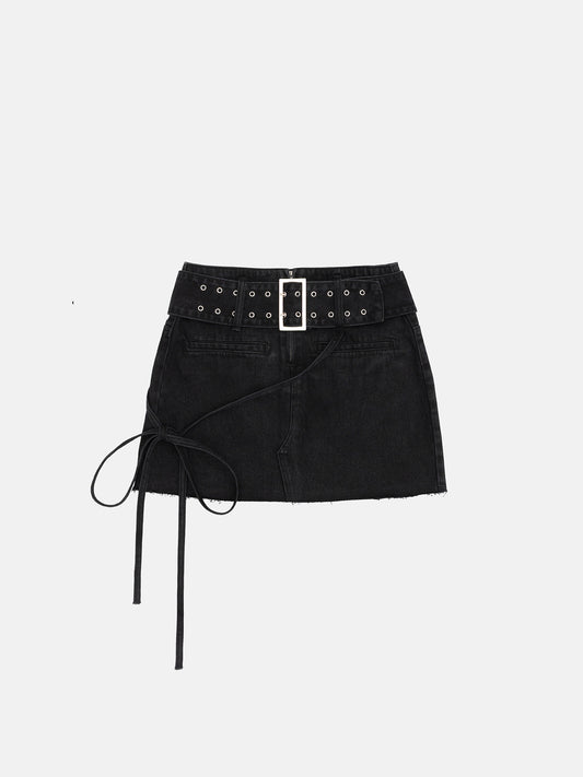 BLACK WASHED DENIM BELTED MINI