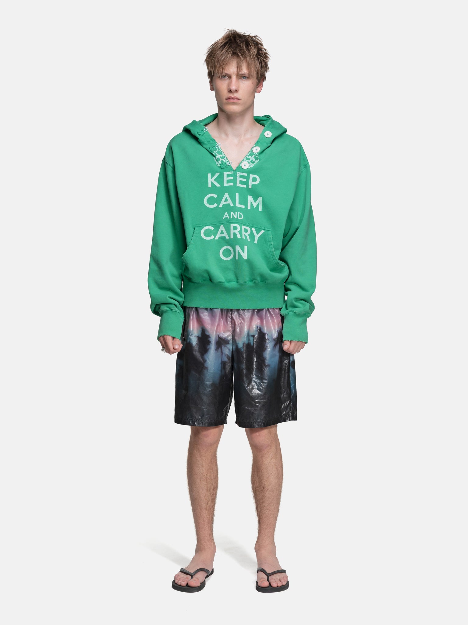 RIPPED COLLAR HOODIE - GREEN KEEP CALM