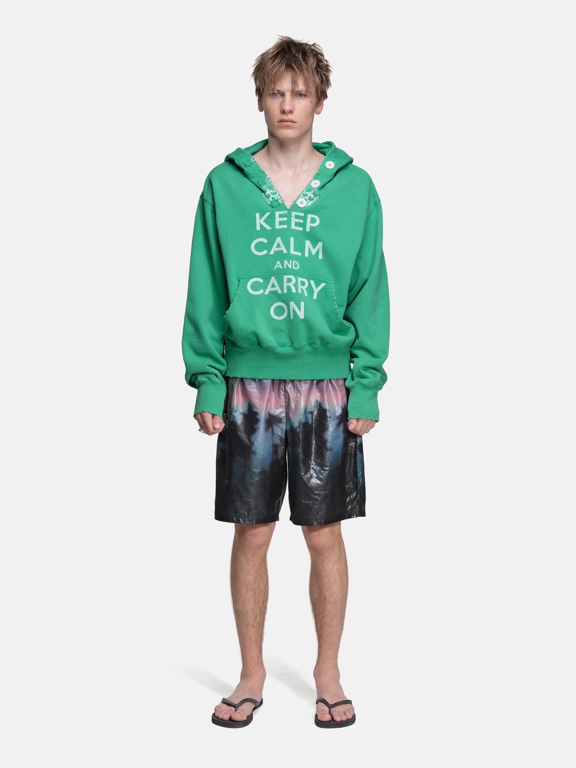 RIPPED COLLAR HOODIE - GREEN KEEP CALM