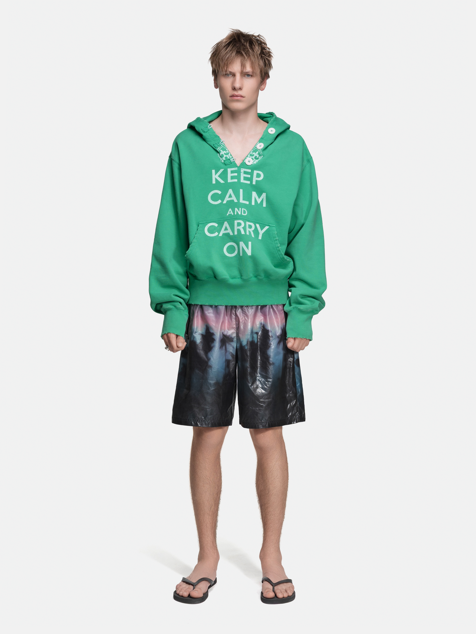 RIPPED COLLAR HOODIE - GREEN KEEP CALM