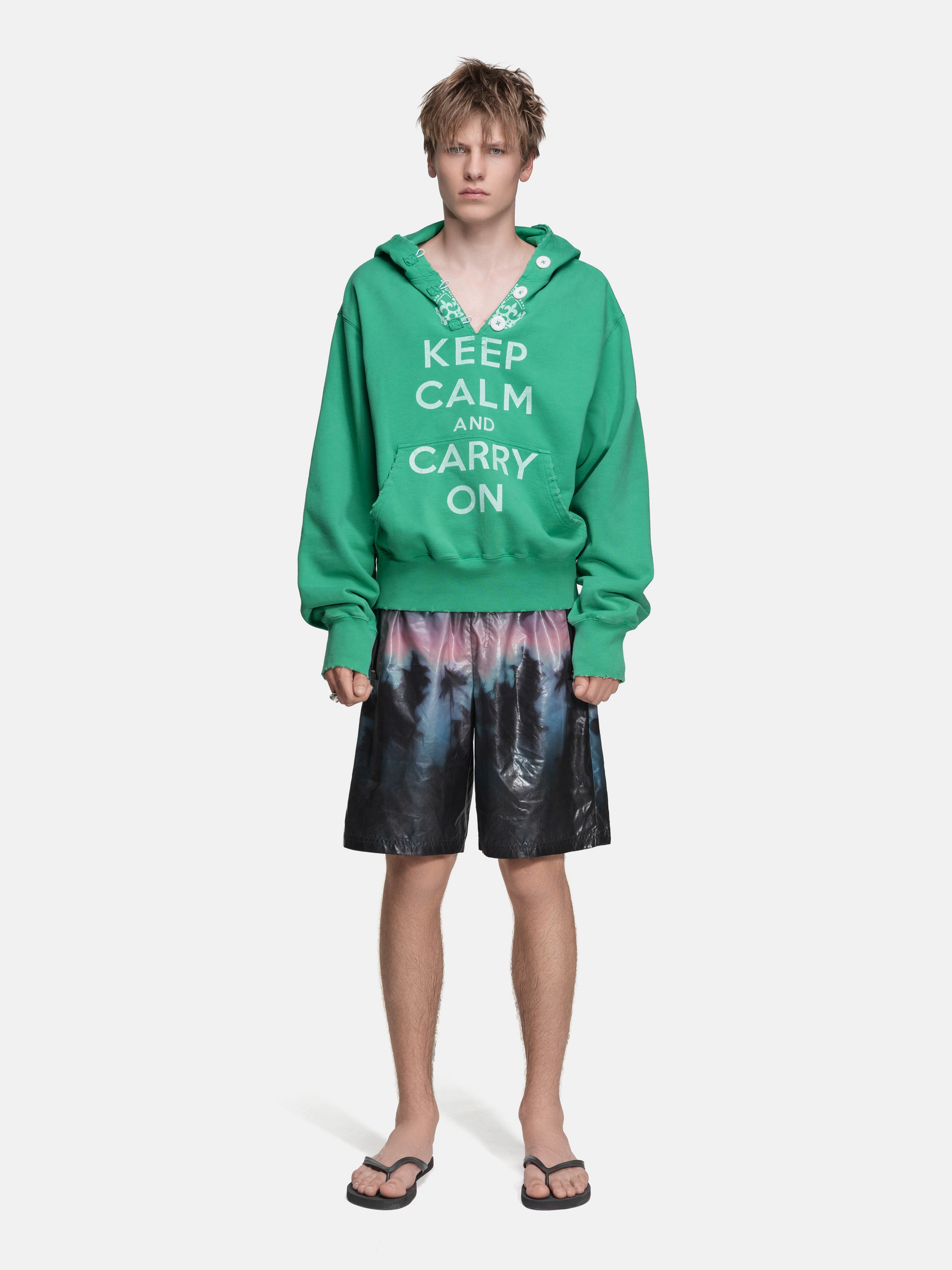 RIPPED COLLAR HOODIE - GREEN KEEP CALM