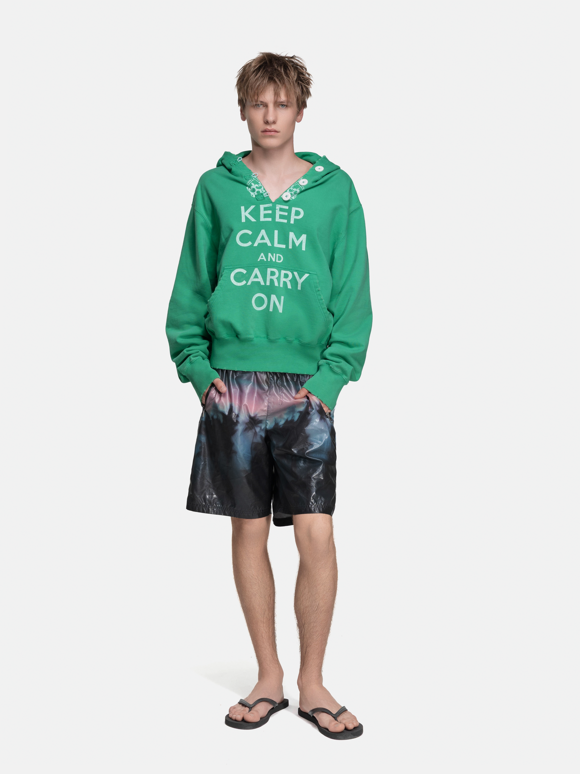 RIPPED COLLAR HOODIE - GREEN KEEP CALM