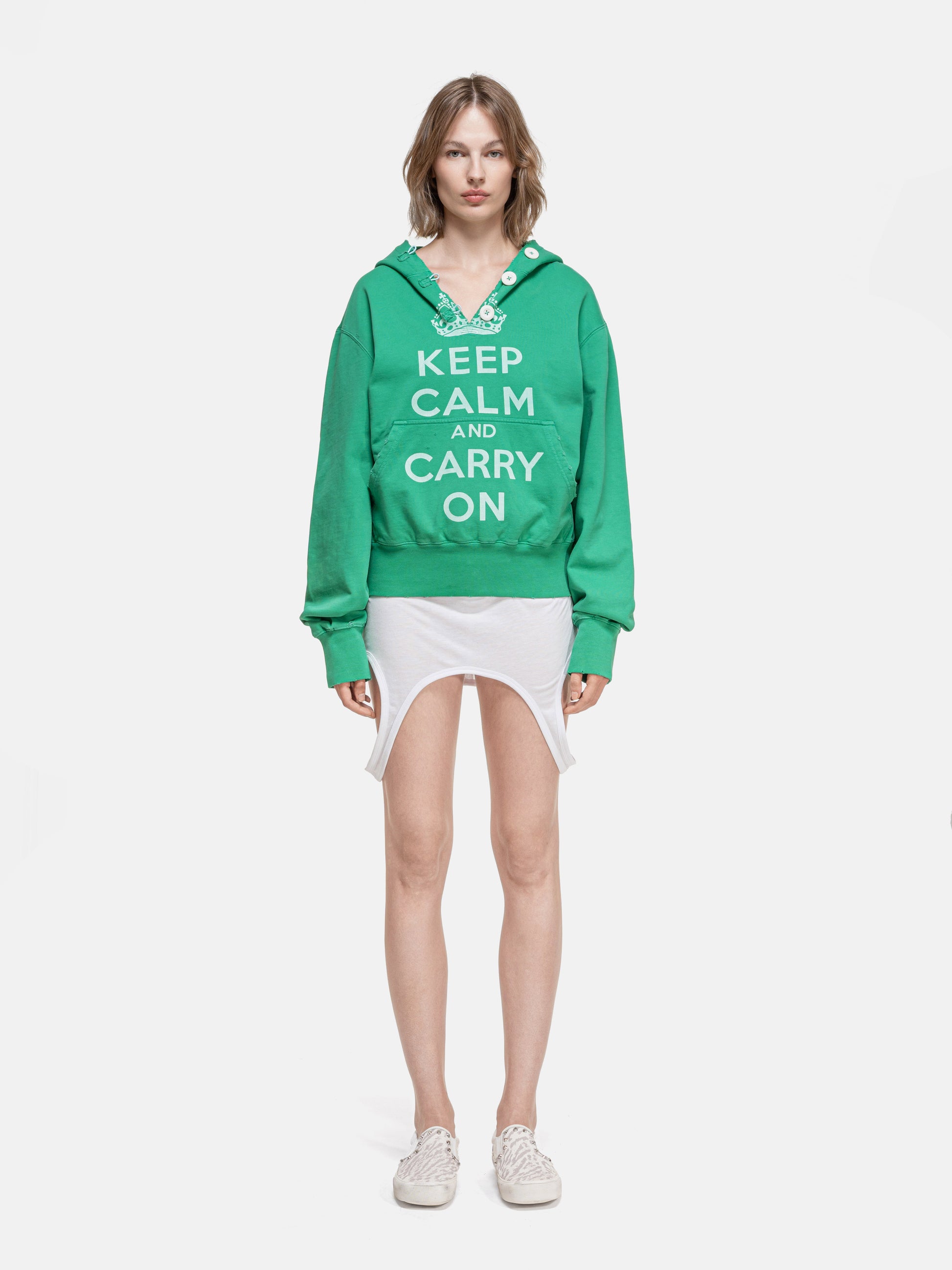 RIPPED COLLAR HOODIE - GREEN KEEP CALM
