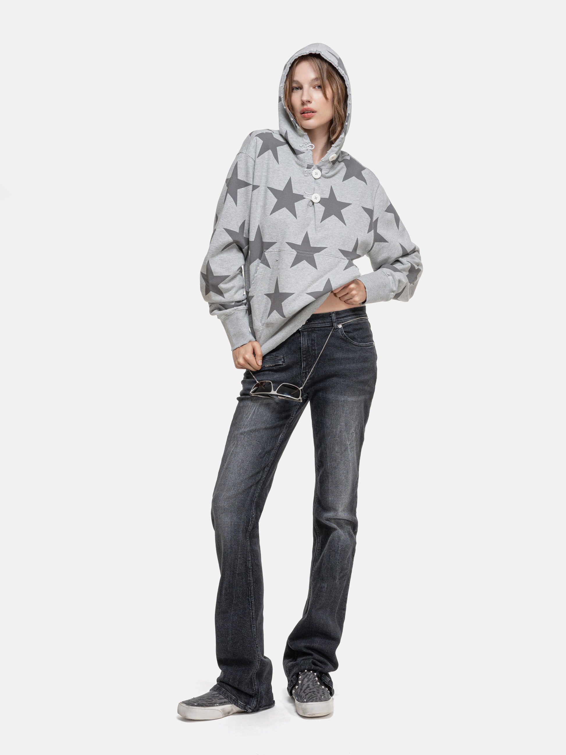 RIPPED COLLAR HOODIE - STARS