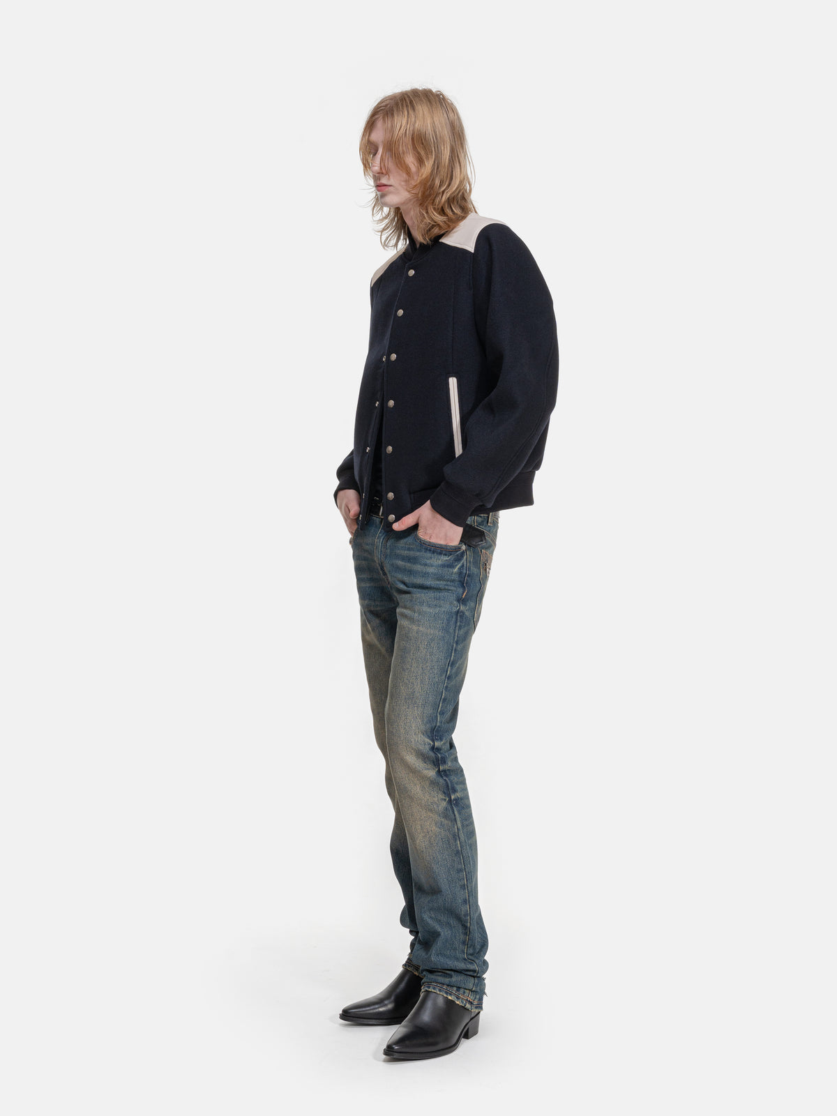 SLIM STRAIGHT JEANS - COATED WASHED BLUE DENIM