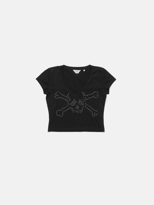 WMN V-NECK TEE - BLACK STUDDED SKULL
